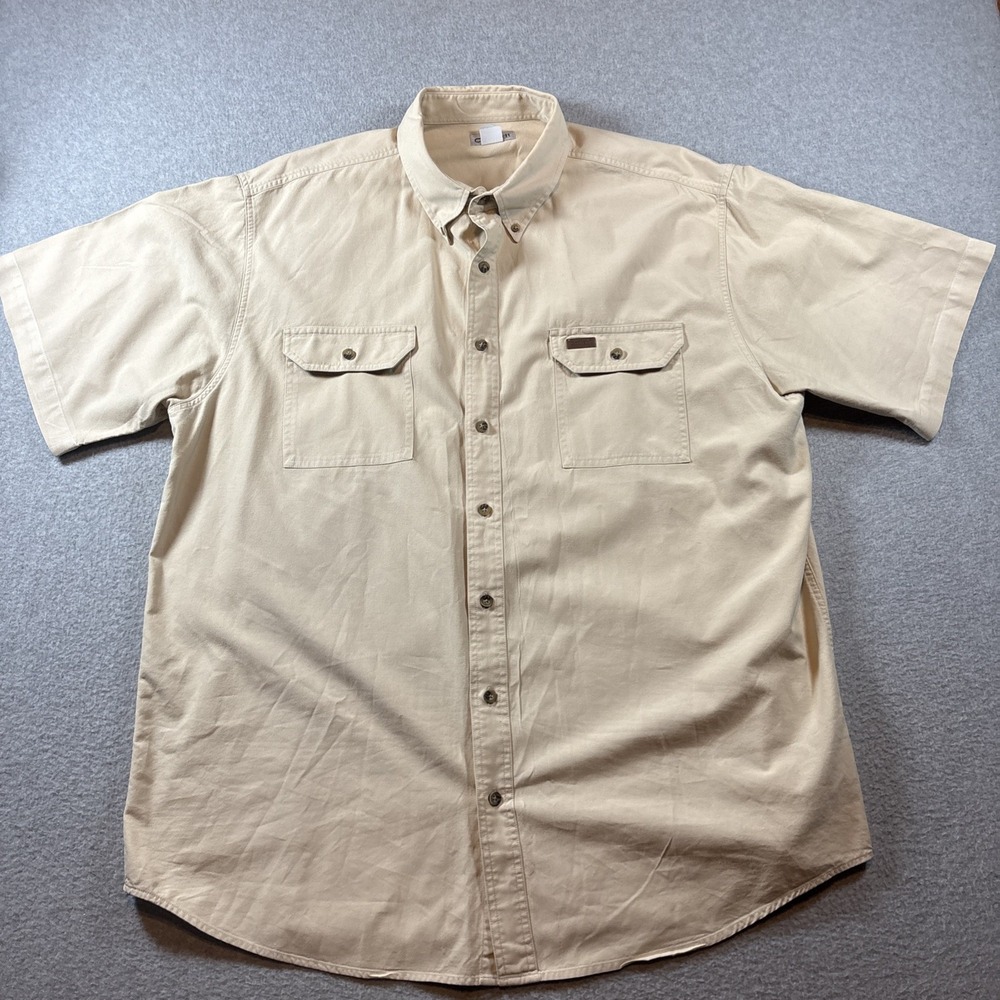 Vintage Carhartt Men's 2XLT Beige Short Sleeve Button Down 2 Pocket Chore 90s